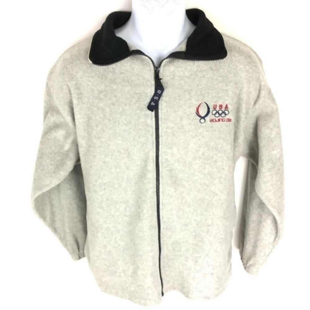 US Olympics Gray Fleece Full Zip Jacket Beijing ‘08 Men's Large L USA Made EUC